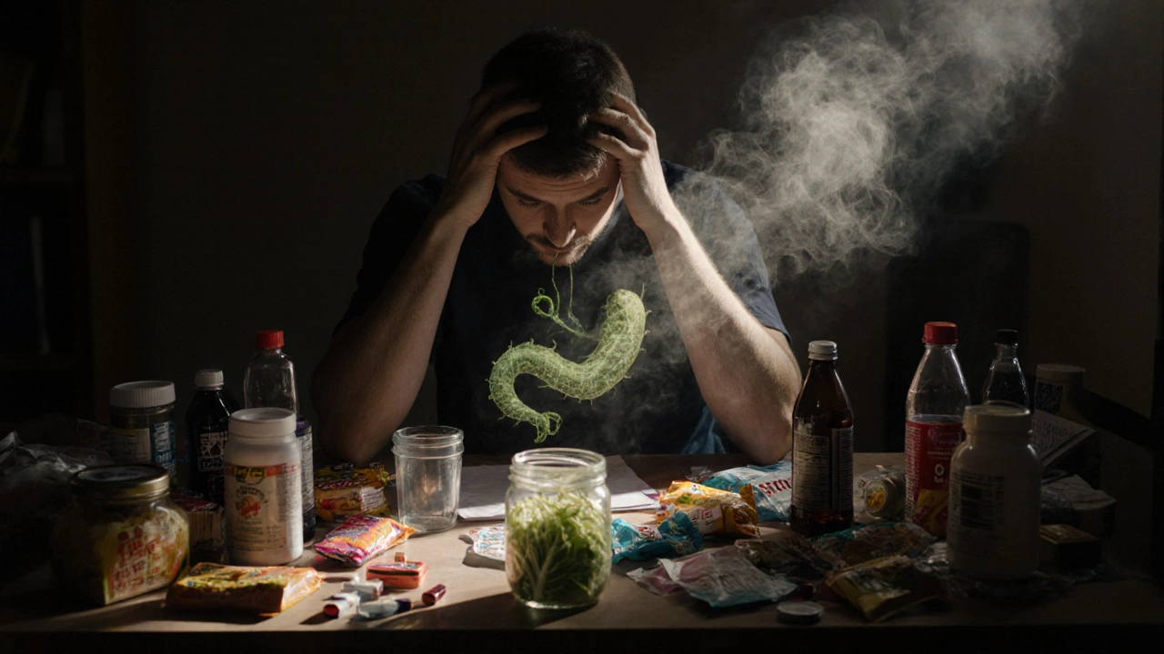 Stresovaná osoba s cukernými potravinami a léky, zatímco její střevní bakterie umírají.