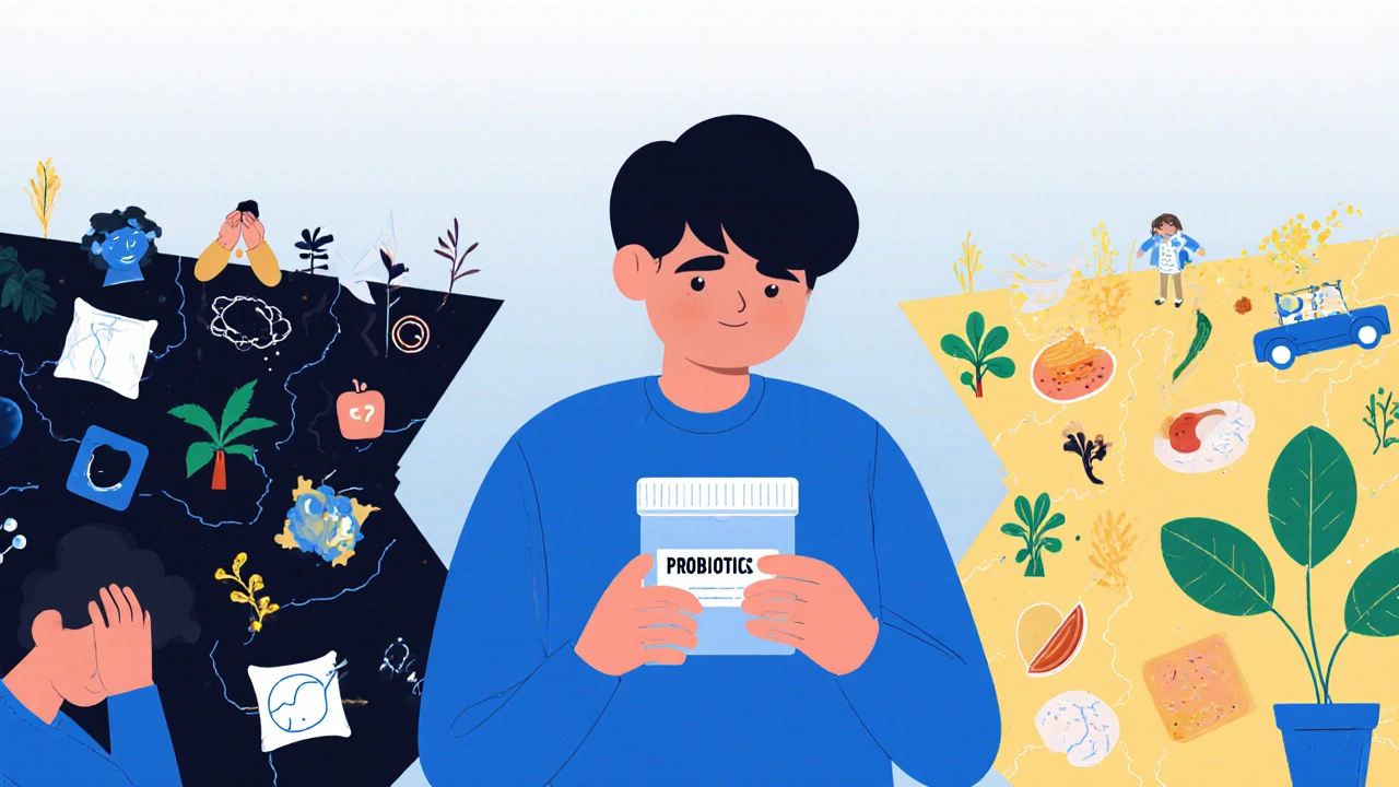 Symbolický obraz člověka mezi cestou stresu a zdravé rovnováhy s probiotikem v ruce.