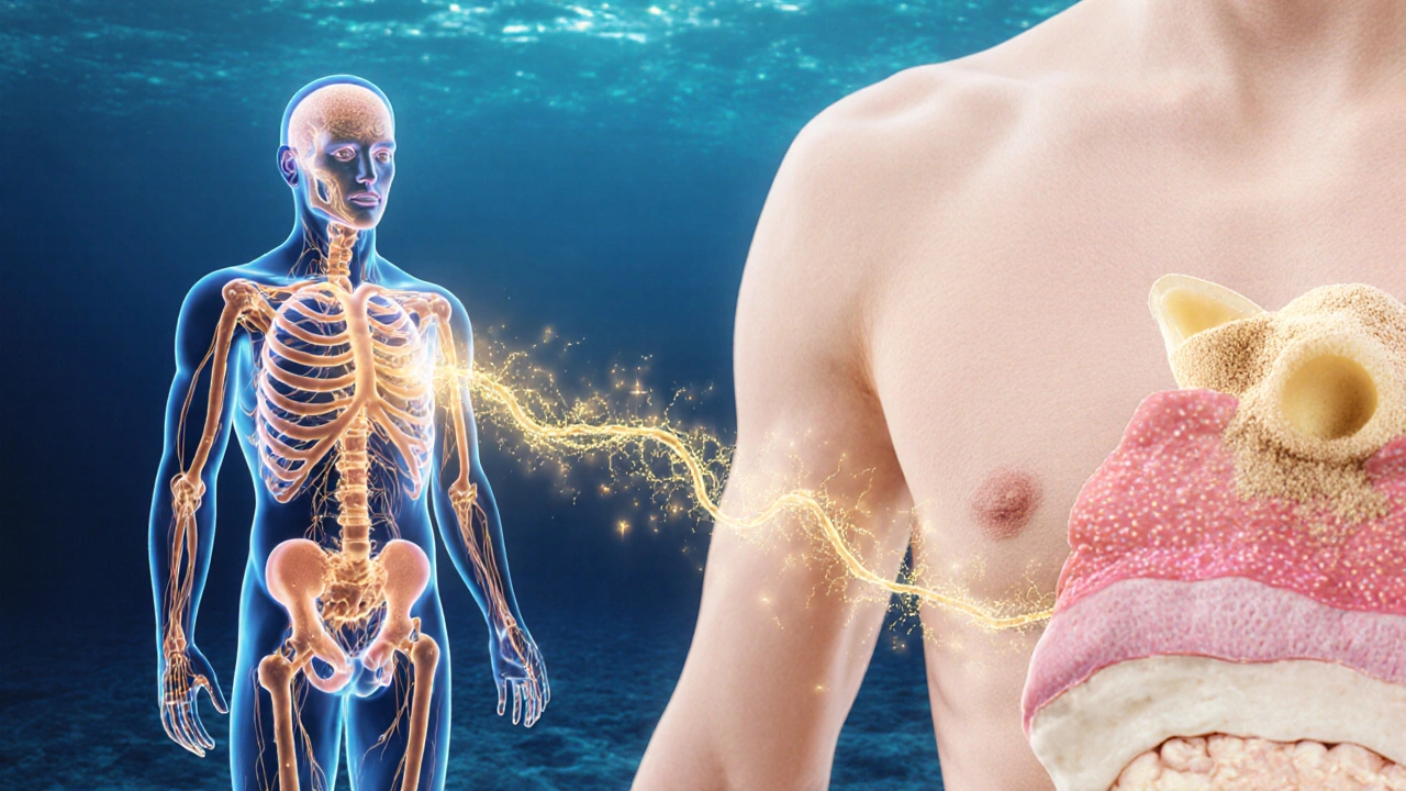 Tělo s zlatými cestami kolagenu proudících do kůže, vlasů a kloubů z rybího prášku.