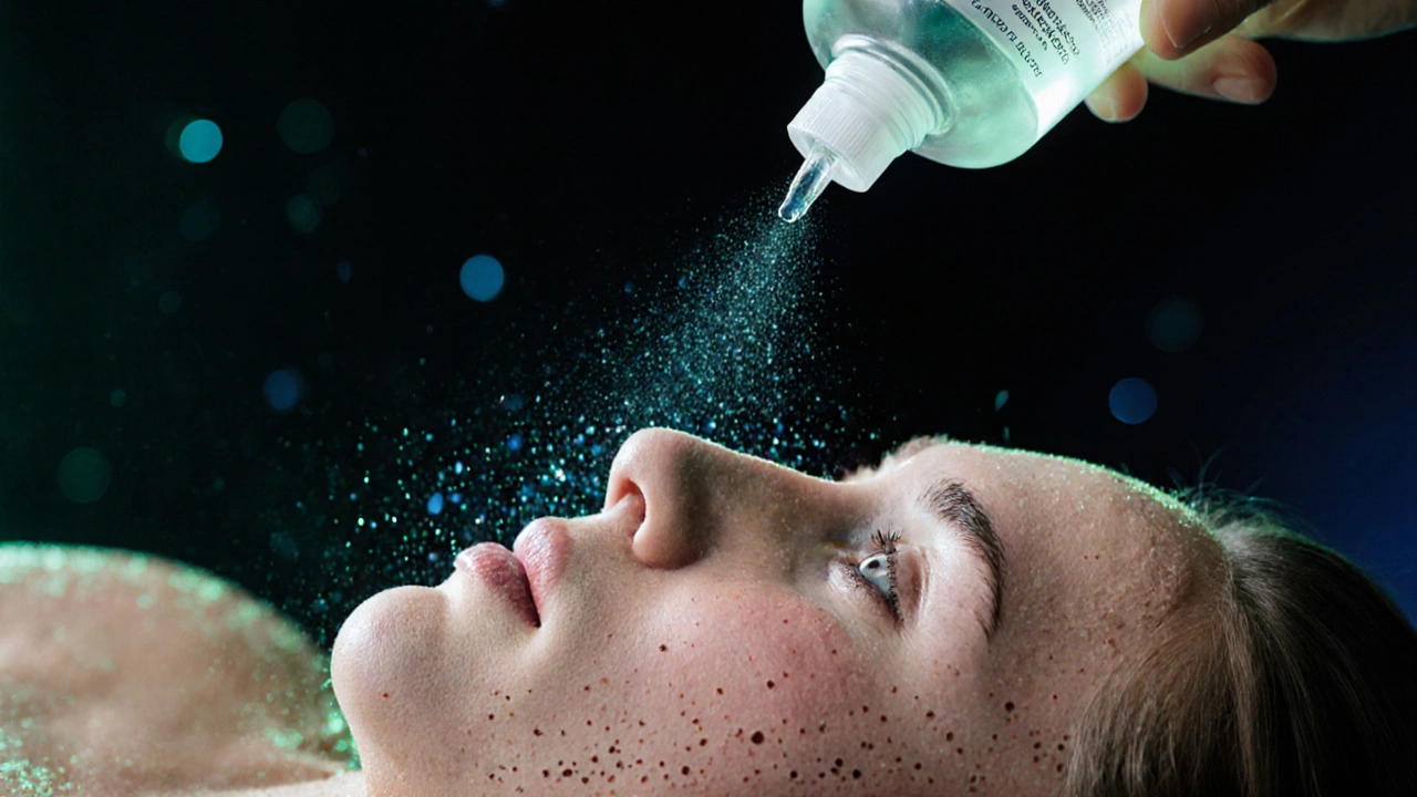 Tonik rozprášený na mastné pokožce s viditelnými póry.