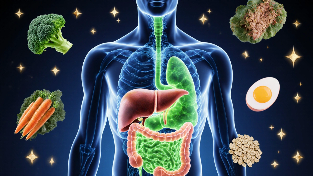 Transparenční ilustrace těla s detoxikujícími orgány a přirozenými potravinami plujícími kolem.