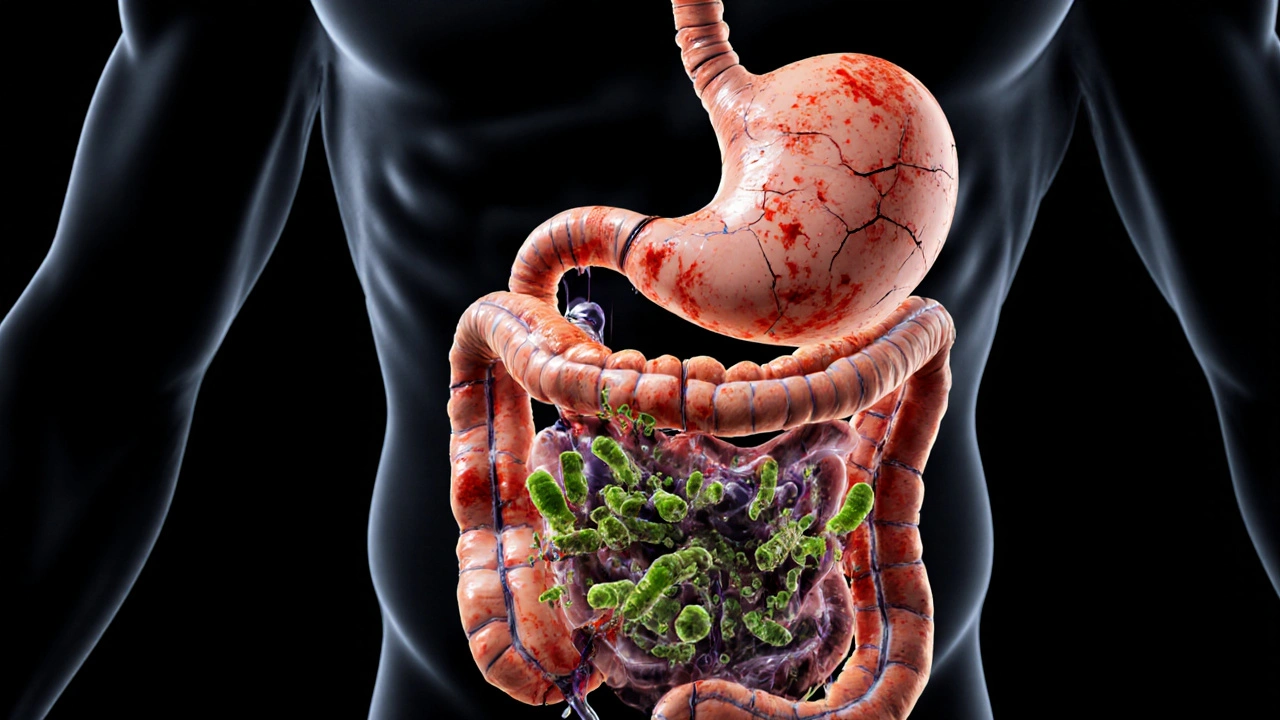 Trávicí systém je poškozen záněty, vředy a zánikem prospěšných bakterií.