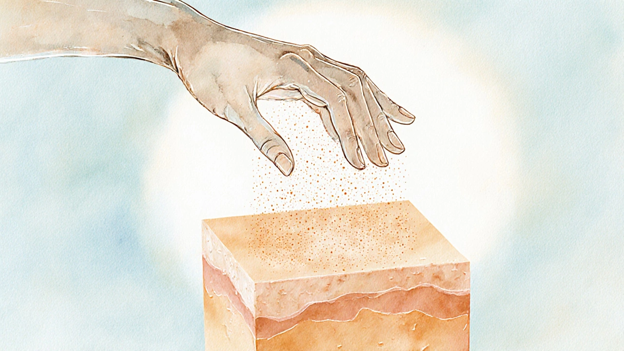 Umělecká ilustrace ukazující, jak lepivé vlákna odstraňují mrtvé kůžní buňky z tváře, zatímco zdravá kůže zůstává celá.