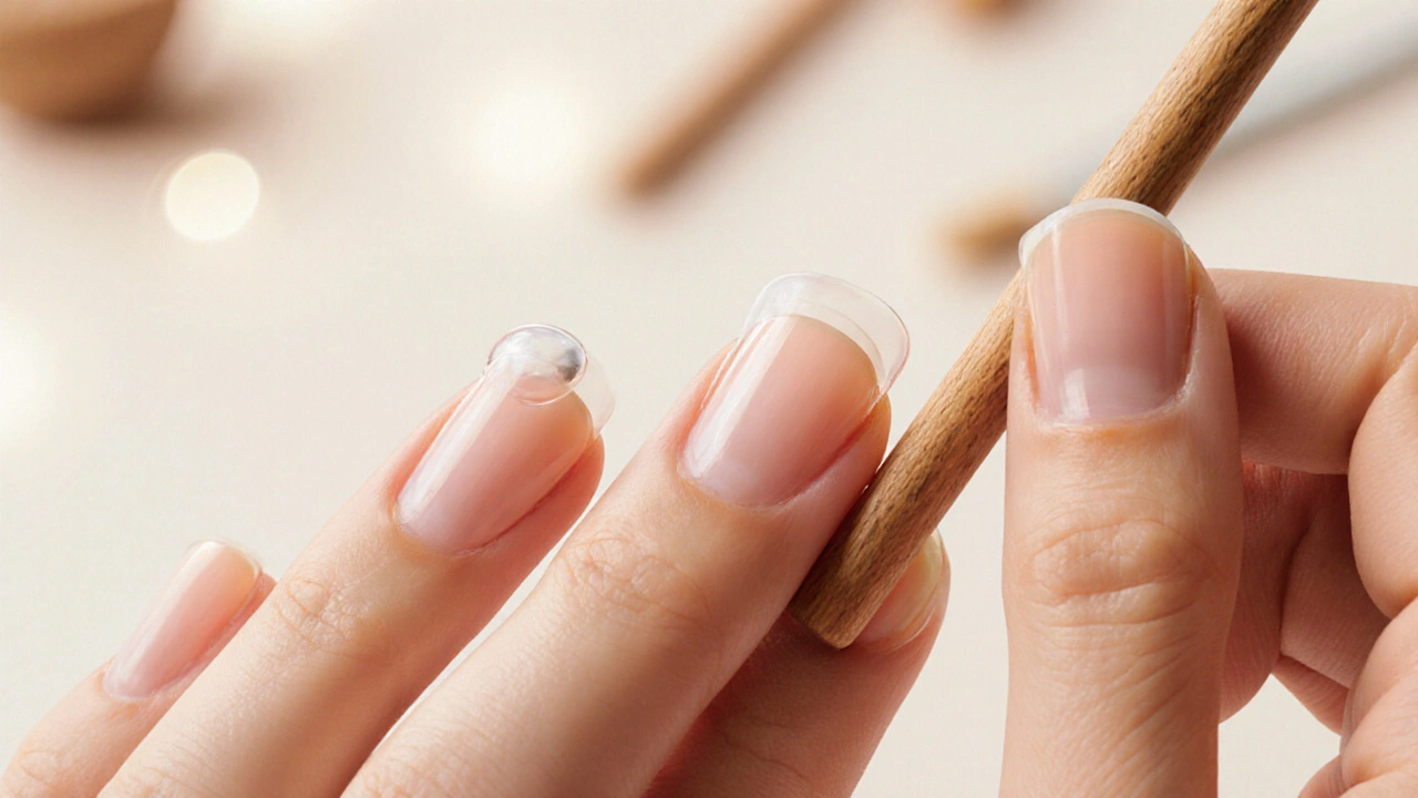 Žena přilepuje umělý neht pomocí malé kapky lepidla na hranu přirozeného nehtu.