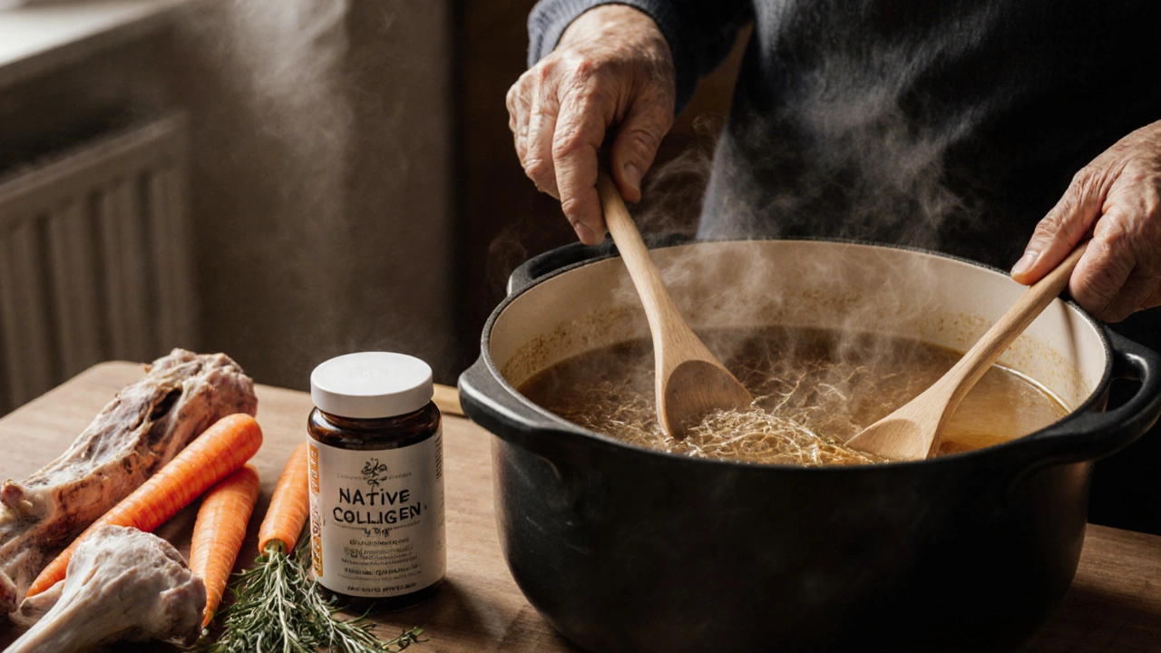 Žena vaří český vývar z kuřete s kostmi a chrupavkou v kuchyni