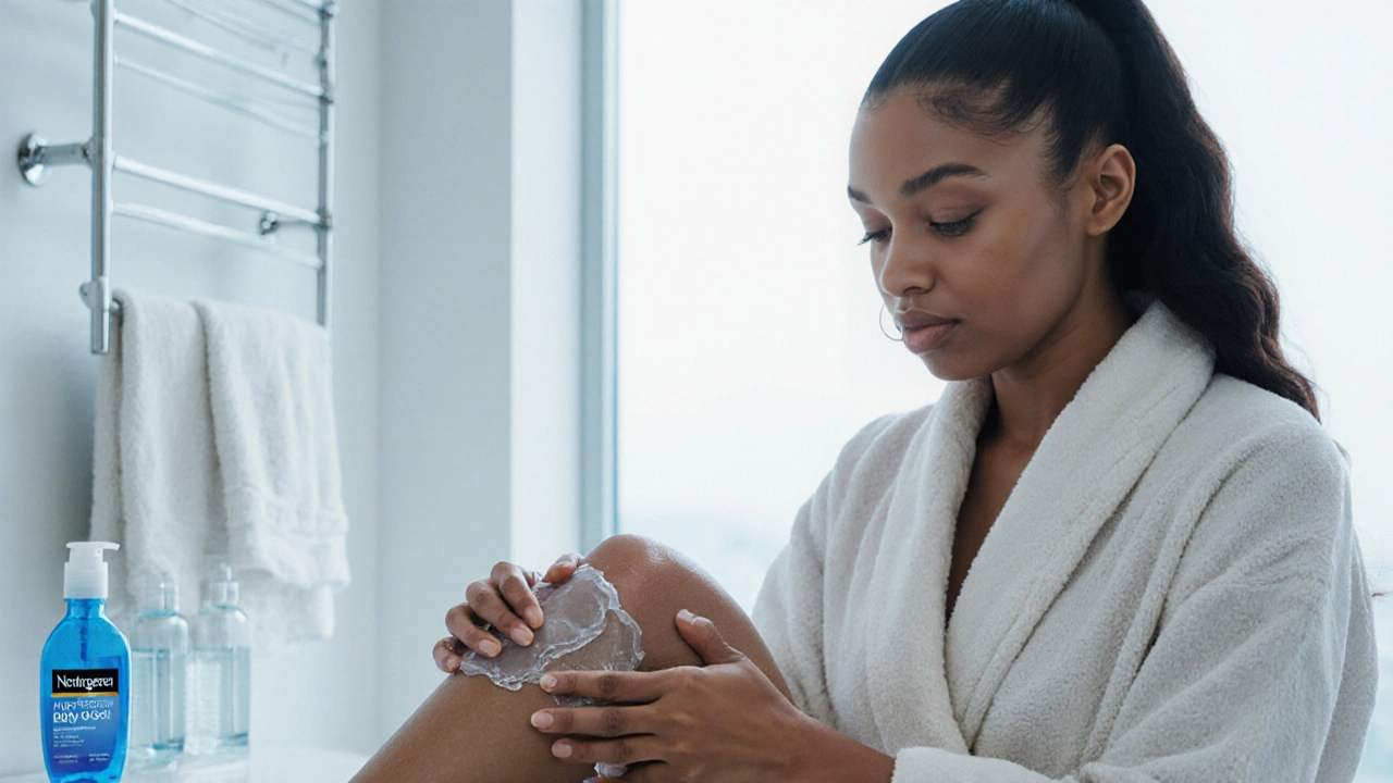 Zendaya moisturizing her calves with a hydrating body gel in natural light.