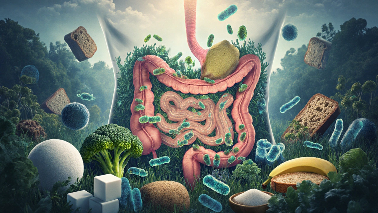 Živý mikrobiom střev s prospěšnými bakteriemi a potravinami, zatímco cukr a zpracované potraviny zanikají