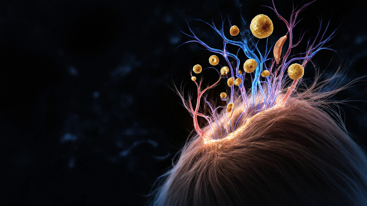 Zvětšený vlasový folikul přijímající živiny jako biotin, vitamín D a omega-3.