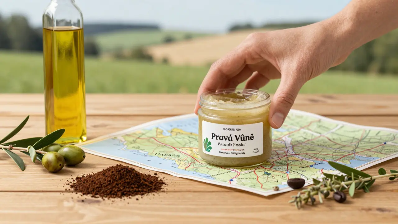 Český tělový skrub s místními ingrediencemi na dřevěném stole vedle mapy Česka, symbol místní udržitelnosti.