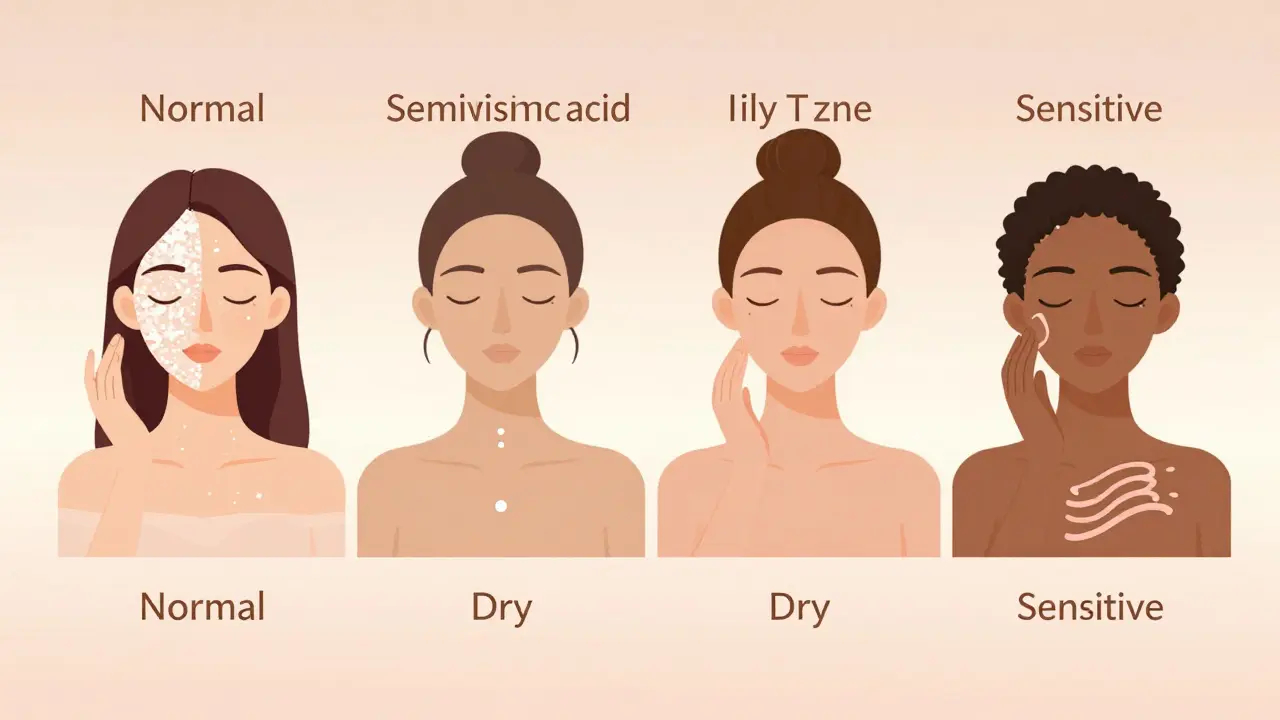 Čtyři typy pleti s příslušnými typy peelingu: cukr, kyselina salicylová, mléčná kyselina a enzymy z papáje.