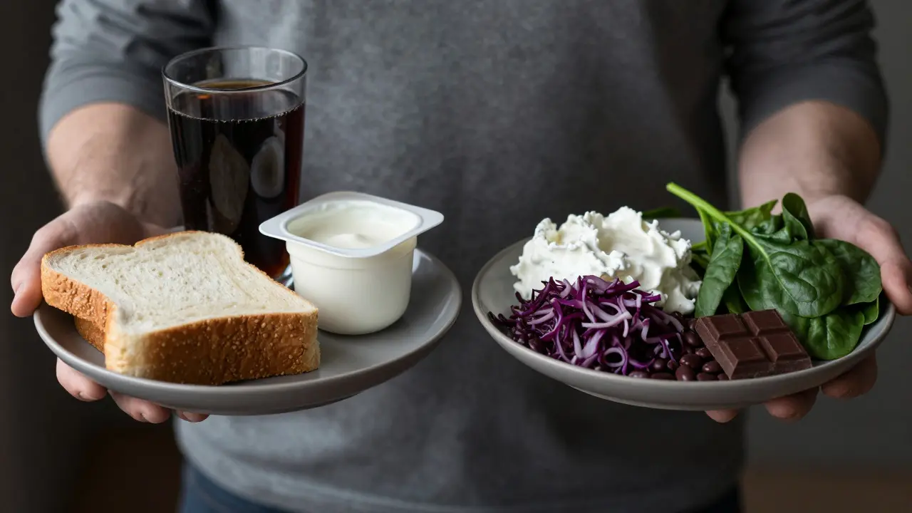 Dvě mísy: jedna se zpracovaným jídlem, druhá se zdravými potravinami pro střevo.