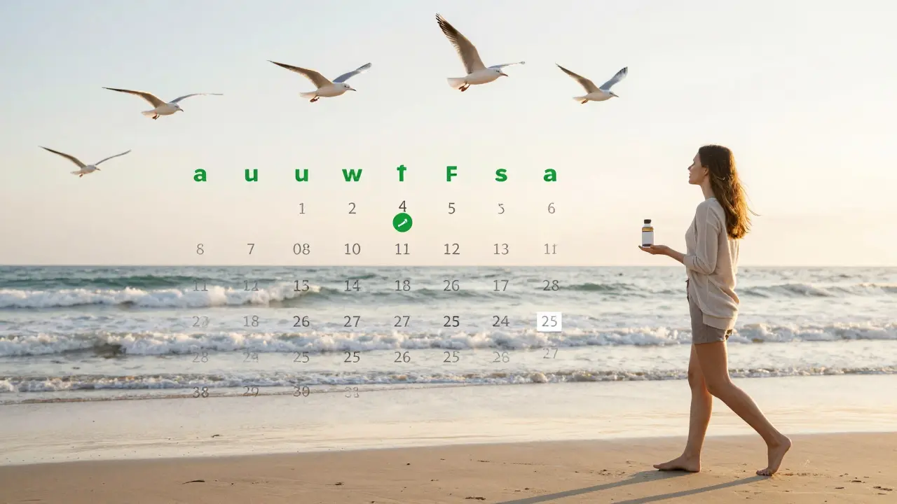 Kalendář s cyklem užívání a přestávky rybího kolagenu na pláži při západu slunce.
