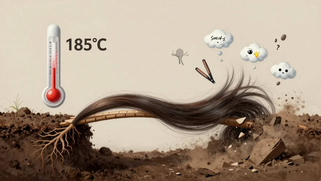 Konce vlasu se rozpadají do prachu, zatímco kořen je v zemi, nad nimi teplota a znaky poškození.
