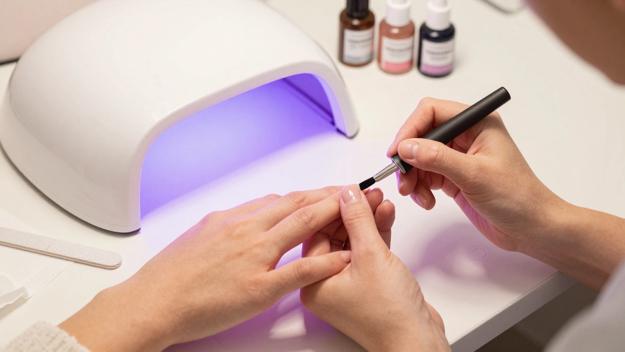 Kozmetička aplikuje gelový lak na nehty pod UV lampou v salónu.