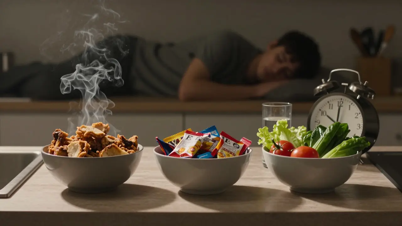 Kuchyňský stolek s třemi míšemi: smažená jídla, zpracované přísady a čerstvé zeleniny, symbolizující škodlivost vs. zdraví pleti.