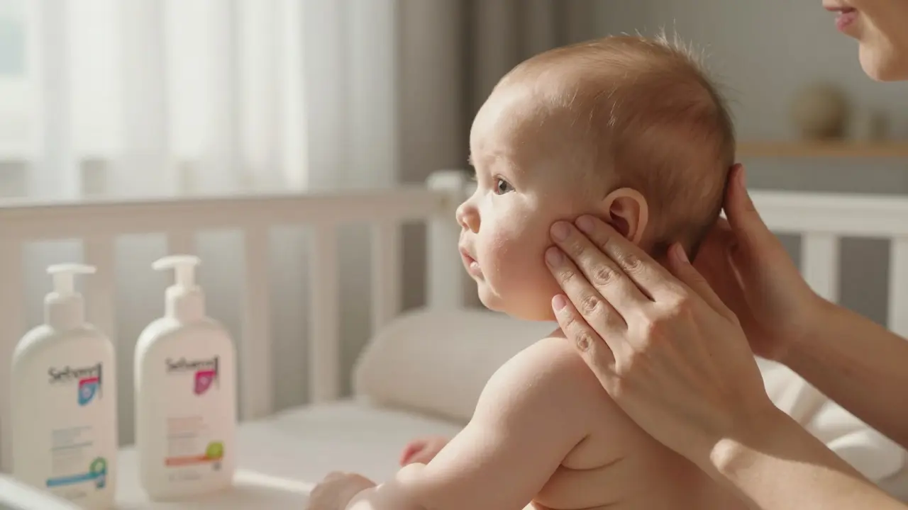 Matka jemně nanáší Sebamedový lotion na dětskou tvář v osvětlené kojenecké místnosti.