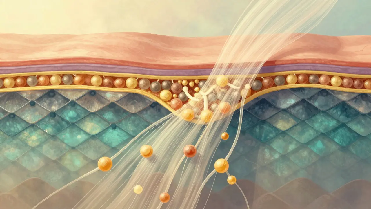 Mikroskopický pohled na tvorbu kolagenu z aminokyselin ve tkáních kůže a kloubů.