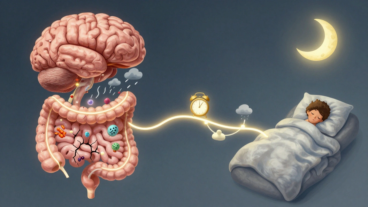 Mozek a střeva propojené osou, kde stres poškozuje střevní stěnu, zatímco klidný spánek ji obnovuje.