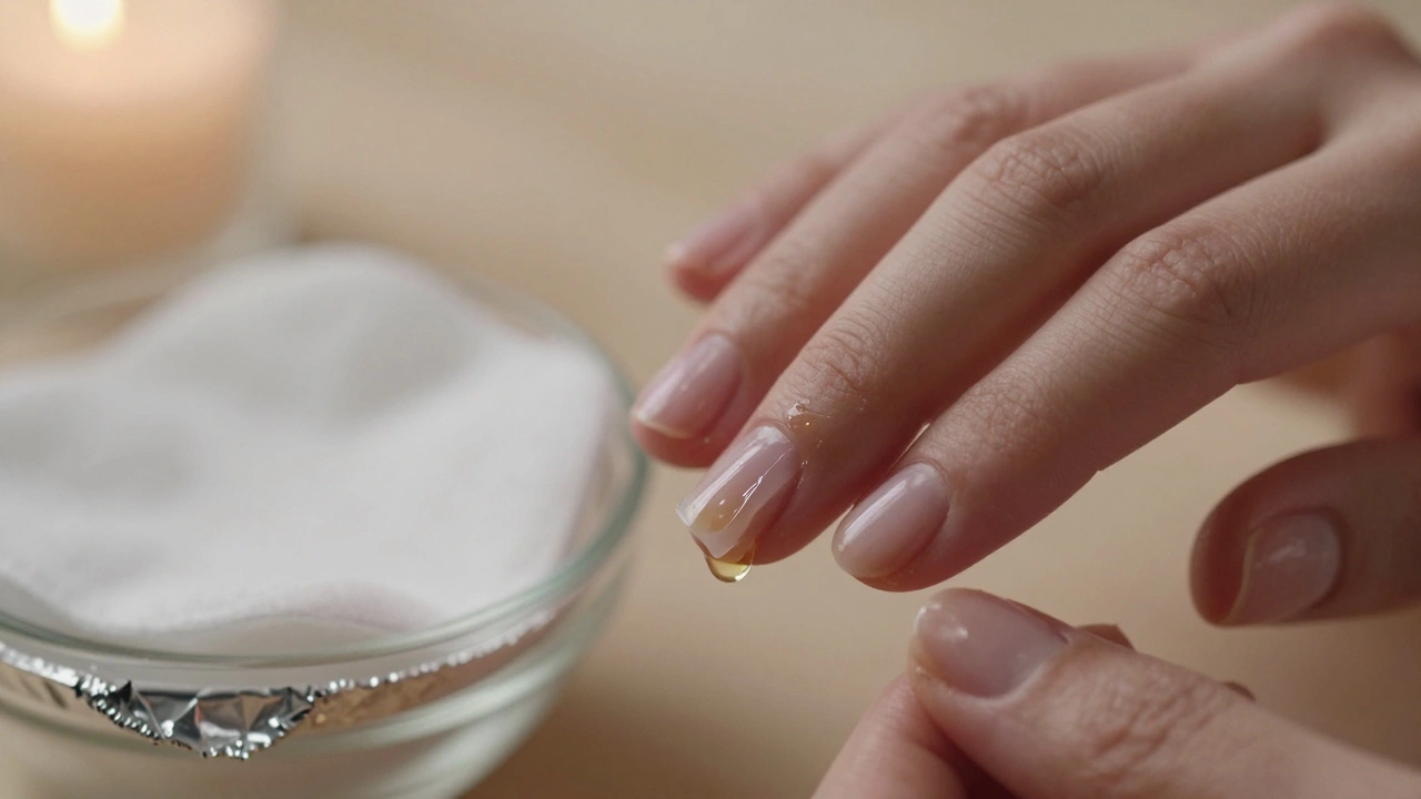 Nehty s postupně se odstraňujícím gelovým lakem a kapkou oleje na kůži kolem.