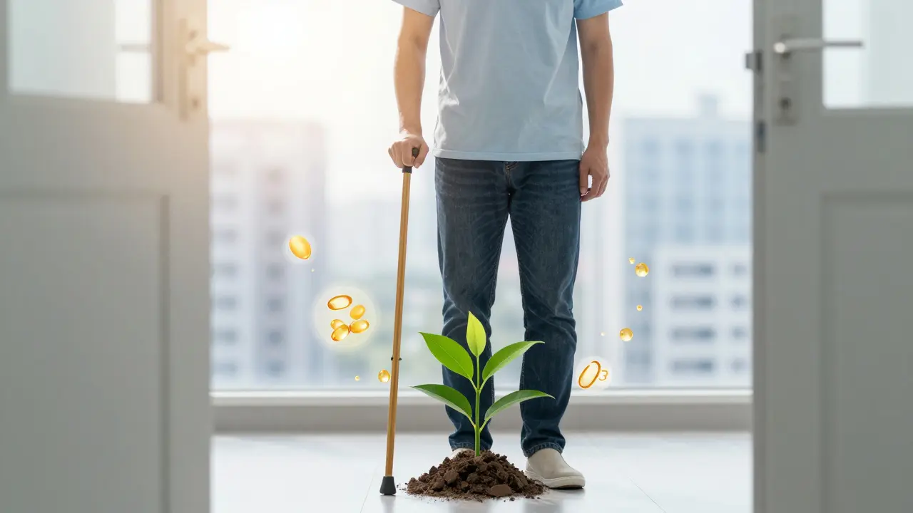 Osoba stojí s hůlkou, která se mění v rostlinu, symbolizující obnovu kloubů.