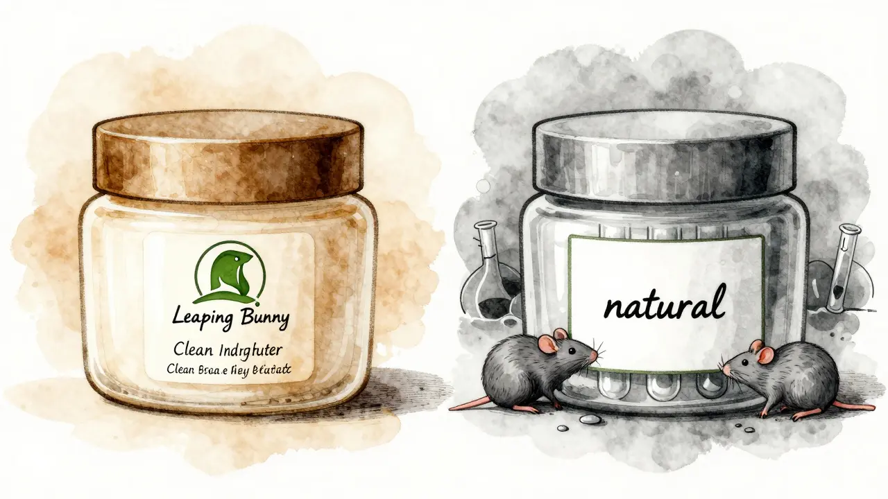 Porovnání dvou krémů: jeden s etickou certifikací, druhý s skrytými testy na zvířatech, vizuální metafora čistoty vs. klamu.