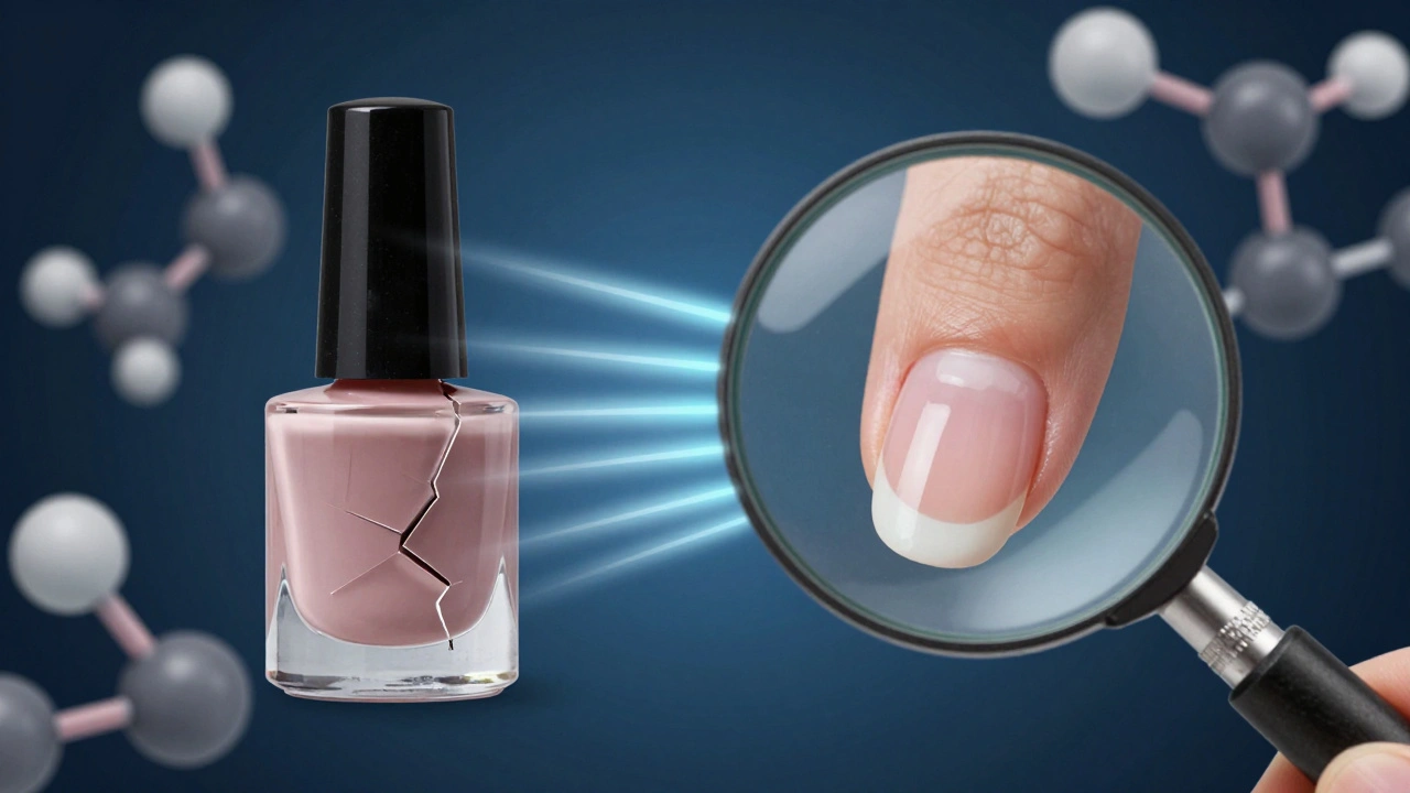 Porovnání klasického a gelového laku pod zvětšovacím sklem s molekulární strukturou.