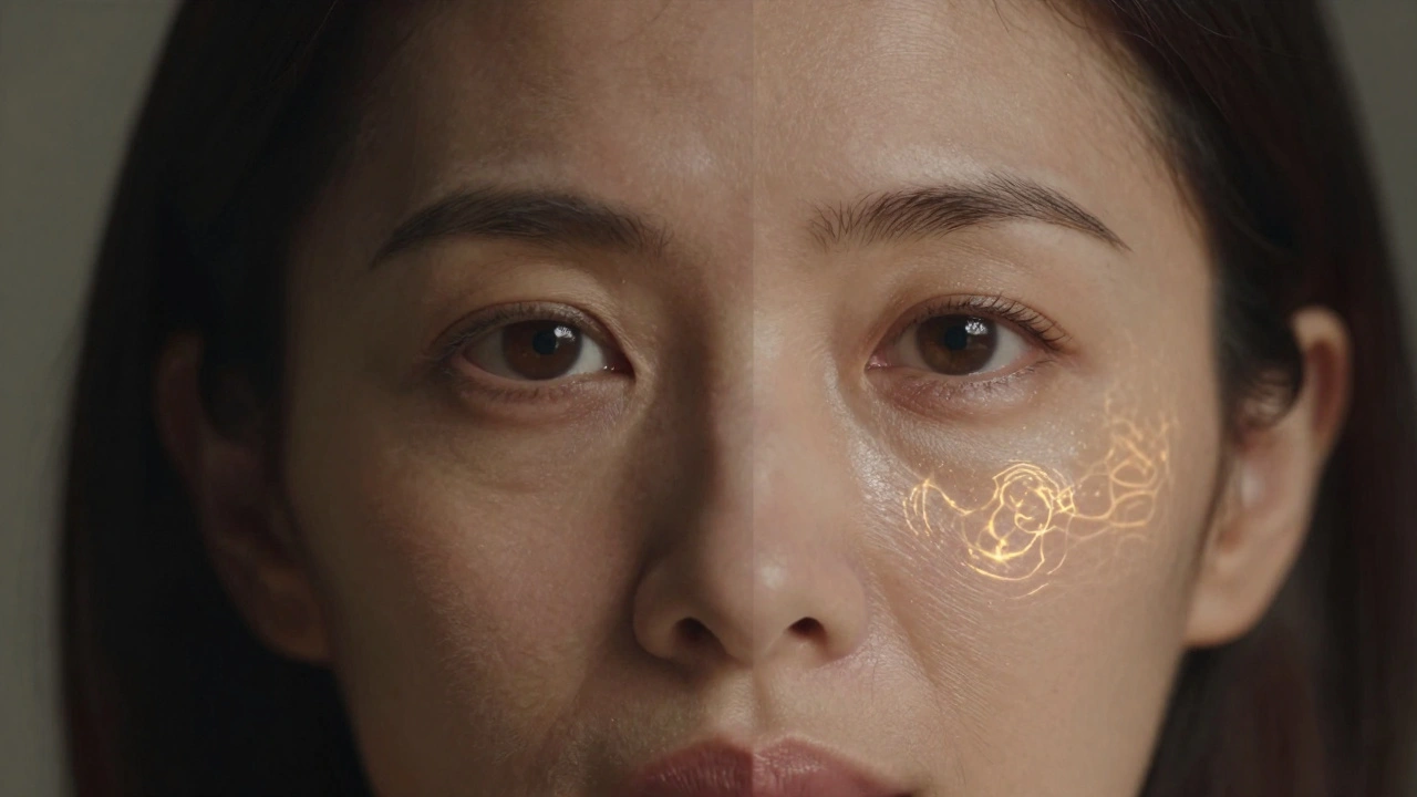 Před a po: starší kůže vlevo a omlazená kůže vpravo s jemným zářivým efektem obnovy.