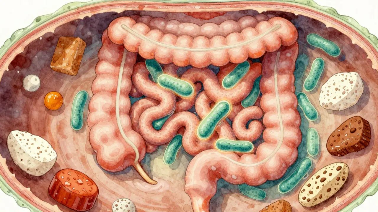 Příčný řez střeva s živými laktobacily a kvašenými potravinami
