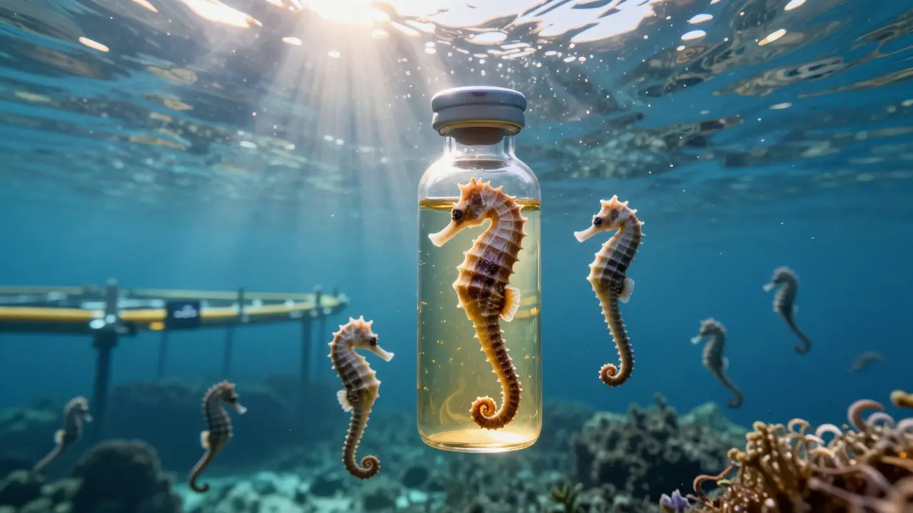 Průhledná lahvička s mořským kolagenem, obklopená konturami mořských koníků a farmou v pozadí.