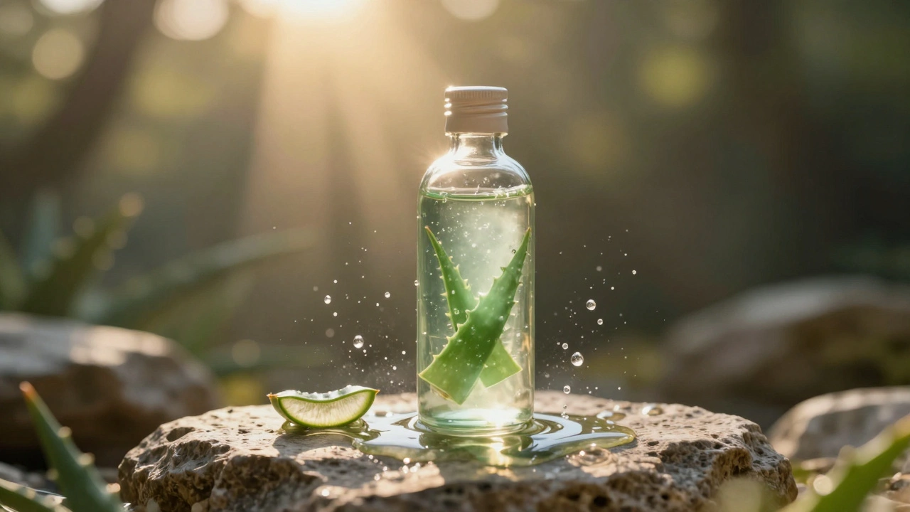 Průhledná skleněná lahvička s aloe vera tonikem ve vzduchu s kapičkami vody.