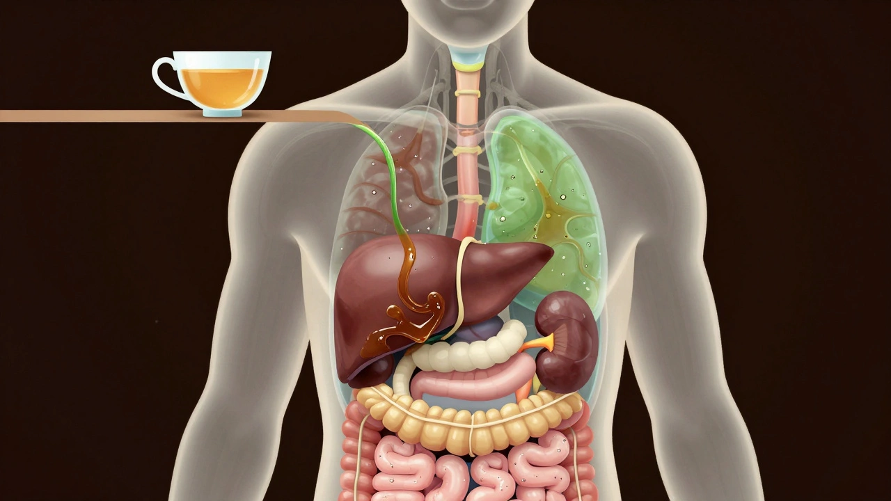 Průhledný lidský tělo s tekutinou proudící skrz játra a ledviny, šálek čaje nahoře.