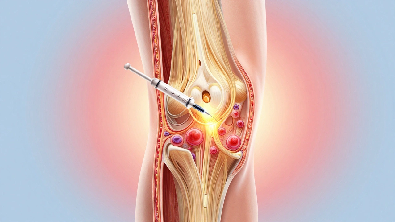 Průřez kolenního kloubu s kolagenovými vlákny obnovujícími chrupavku.