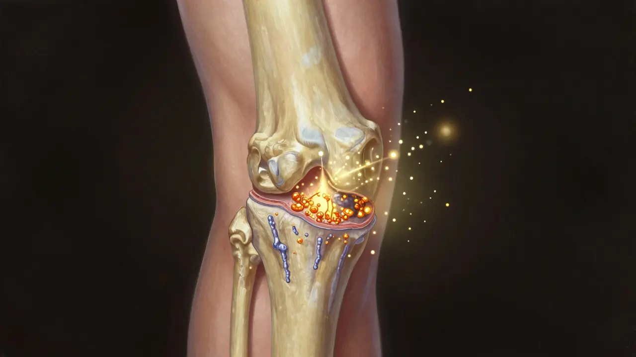 Průřez kolenního kloubu s téměř zaniklou chrupavkou a regenerujícími molekulami kolagenu.