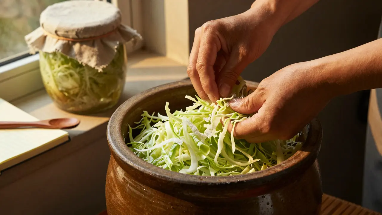 Ruce balí štěpky zelí do hrnce s solí a vodou pro kvašení