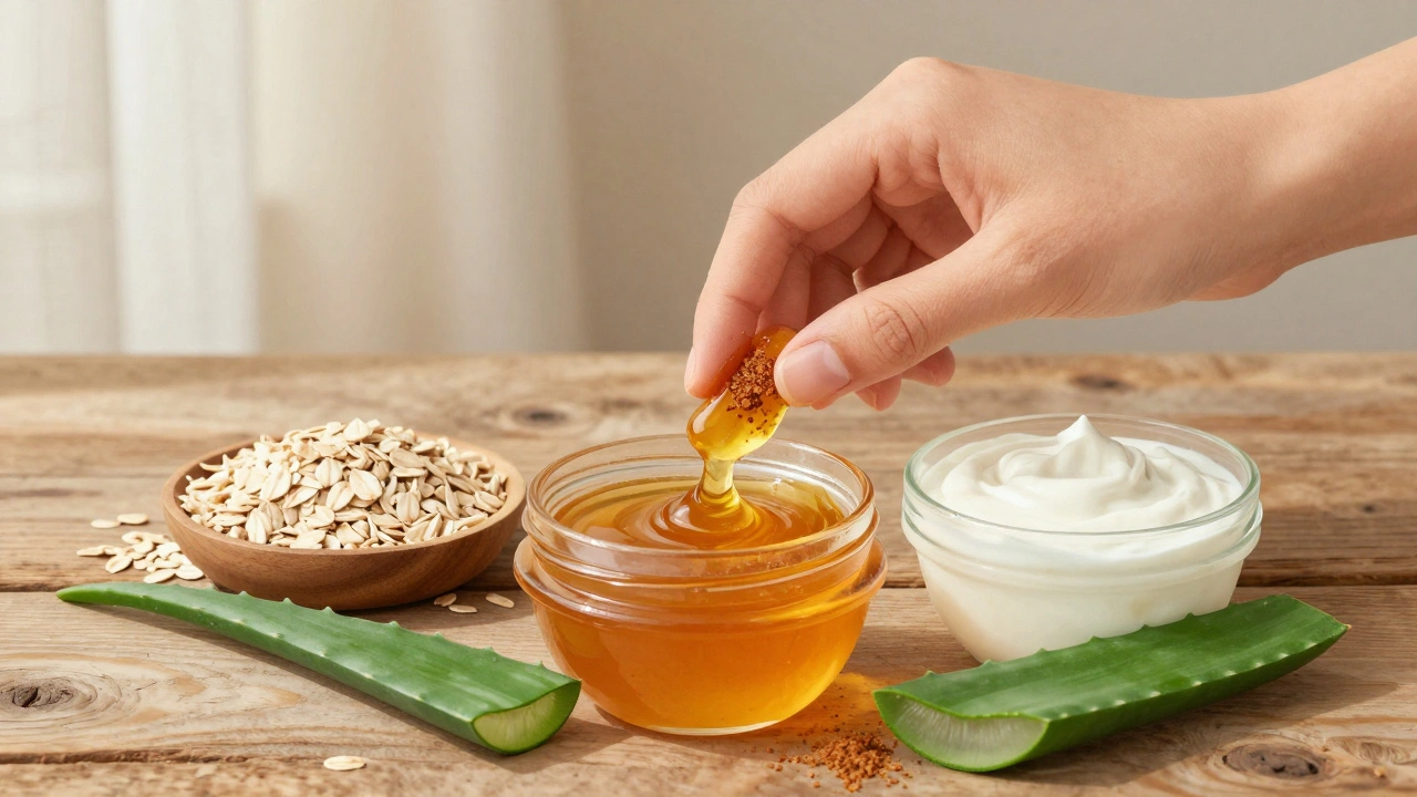 Ruka aplikuje med se skořicí na nos jako přírodní masku