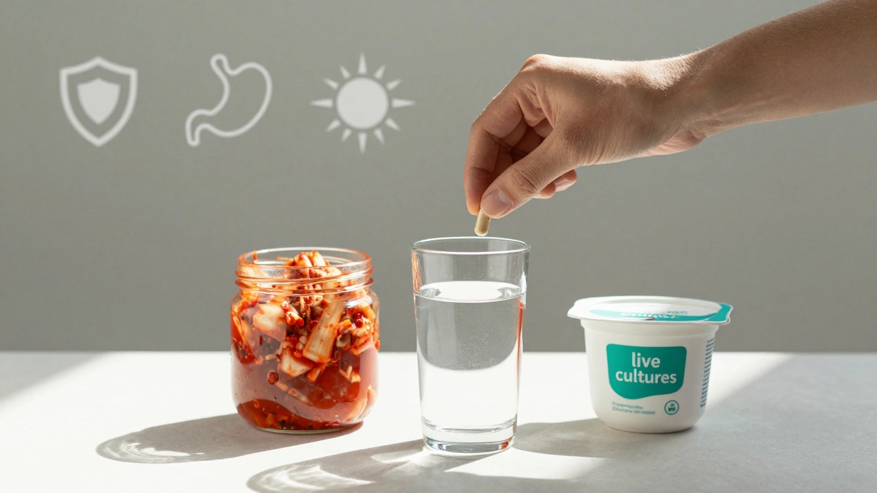 Ruka kladoucí probiotikum vedle kvaseného kimchi a jogurtu s označením &#039;živé kultury&#039;.