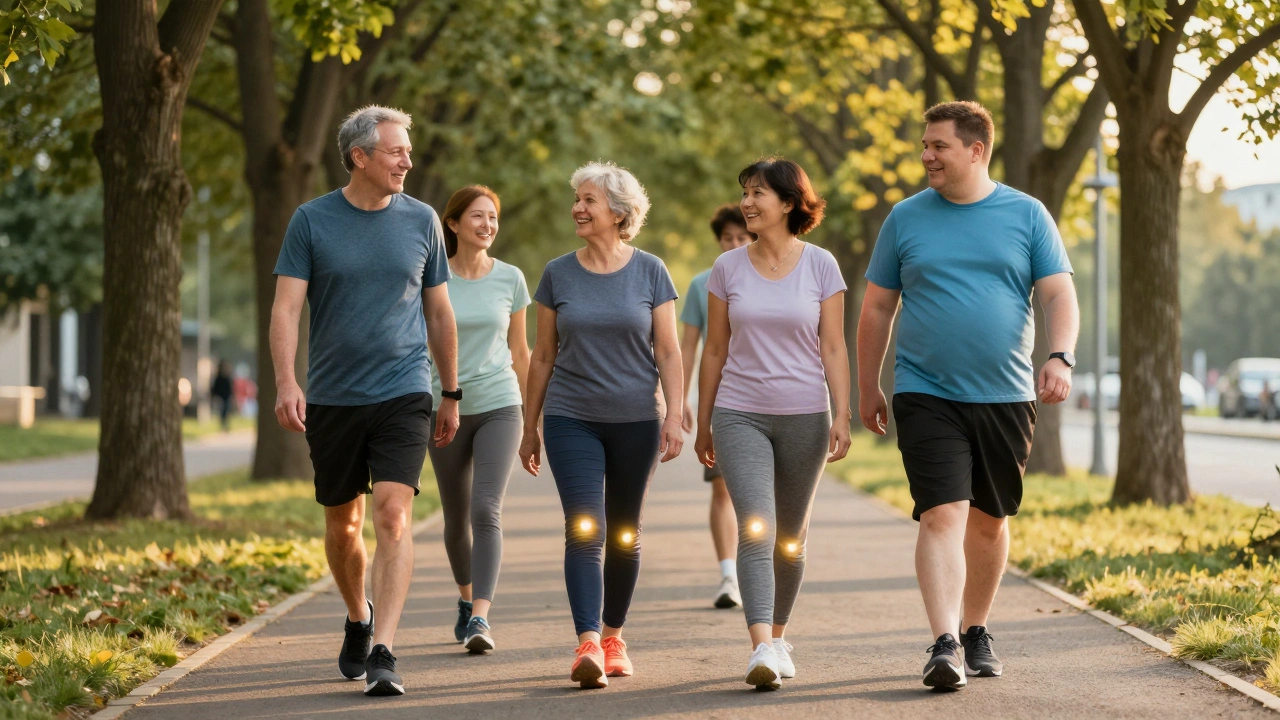 Různí lidé šťastně chodí po cestě, jejich kolena symbolicky září obnovou.