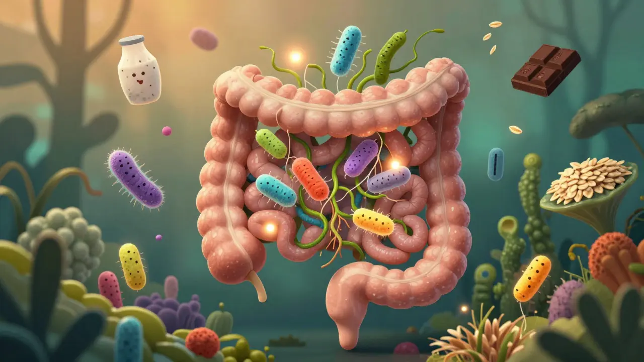 Střevo jako živá zahrada s kvasinkami a vlákny, které je krmí, v surrealním stylu.