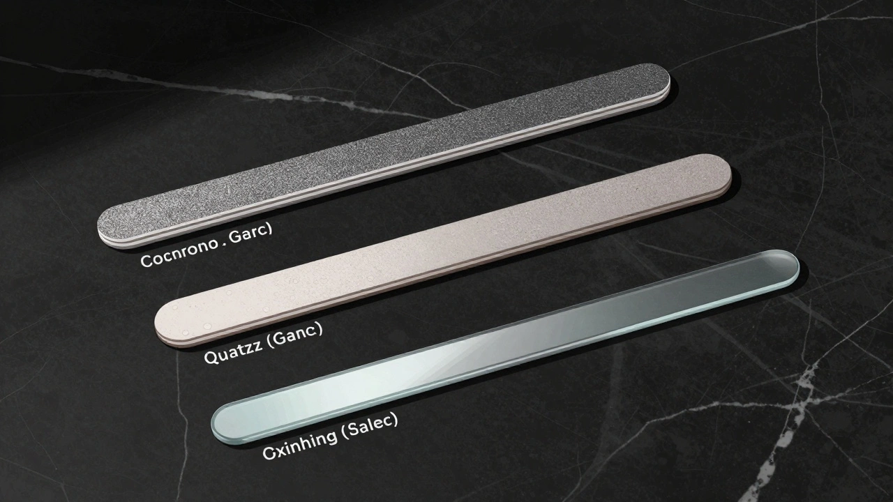 Tři typy pilníků na gelové nehty: almazový, křemenný a skleněný na temném mramoru.