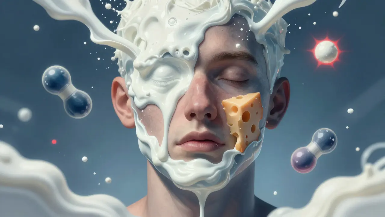 Tvář složená z mléčných výrobků, které vytékají z pórů, s viditelnými hormonálními molekulami.