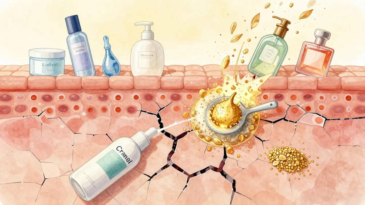 Ukázka obnovy pokožkové bariéry pomocí ceramidů a ovesky, zatímco škodlivé látky zanikají.