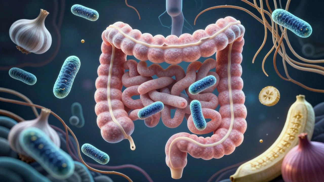 Uvnitř střev žijí různé druhy laktobacilů spolu s prebiotickými potravinami jako česnek a banán.