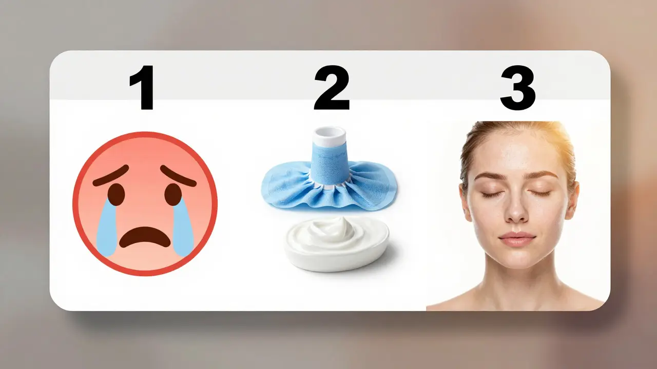 Vizuální přehled třídenního procesu hojení podrážděné pokožky od zánětu k klidu.