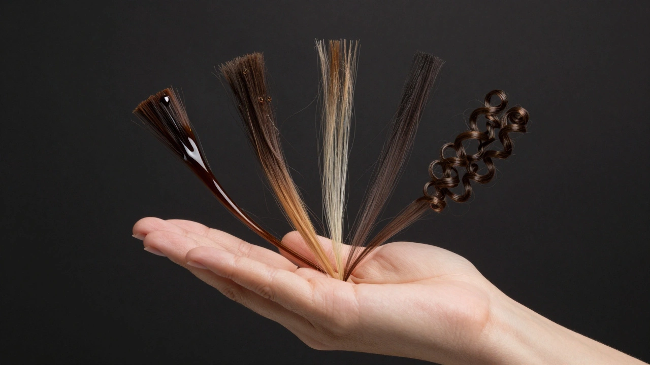 Vlákno vlasu se rozvětvuje do pěti cest, každá reprezentující jiný typ vlasů různými texturami a barvami.