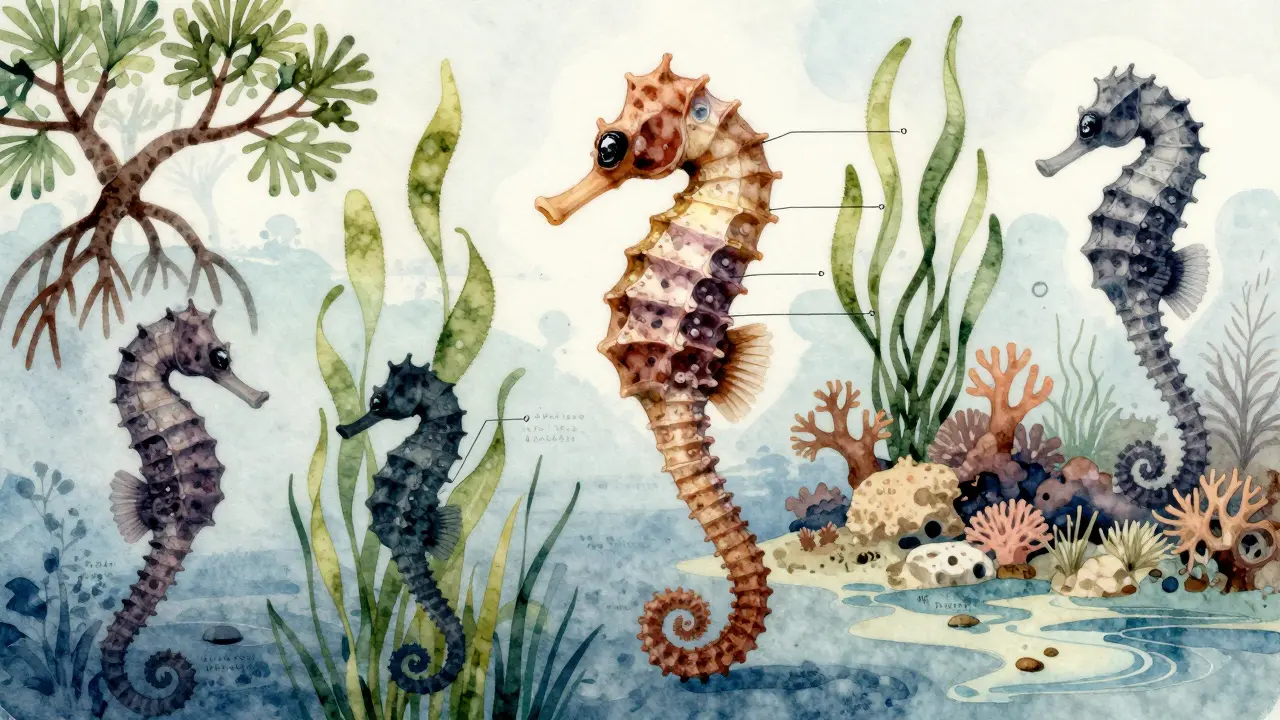 Vodní kresba pěti druhů mořských koníků s označenými anatomickými částmi v jejich přirozených prostředích.