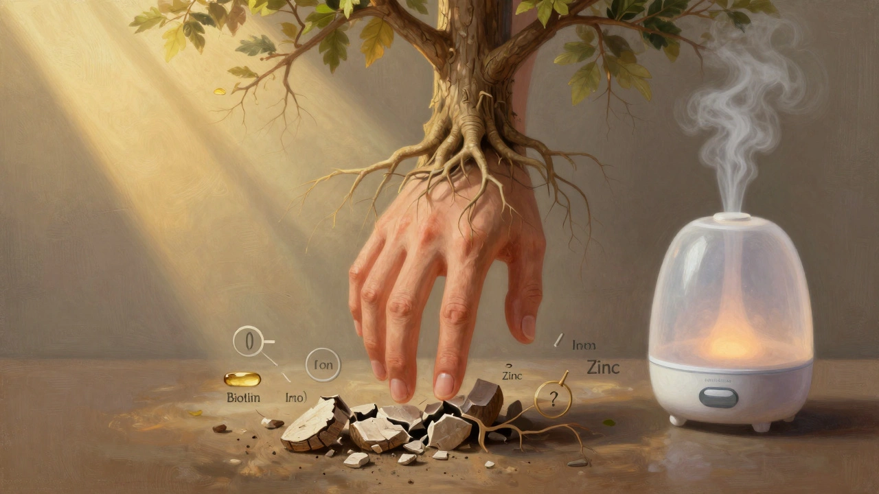 Zdravé nehty jako kořeny, poškozené nehty se mění v prach, symbolická scéna s výživovými prvky.