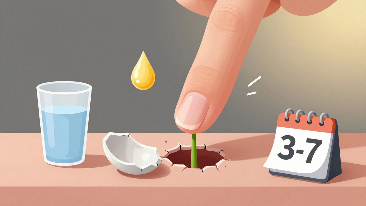 Zdravý neht rostoucí z nehtového lůžka, když se starý gelový nátěr rozpadá.