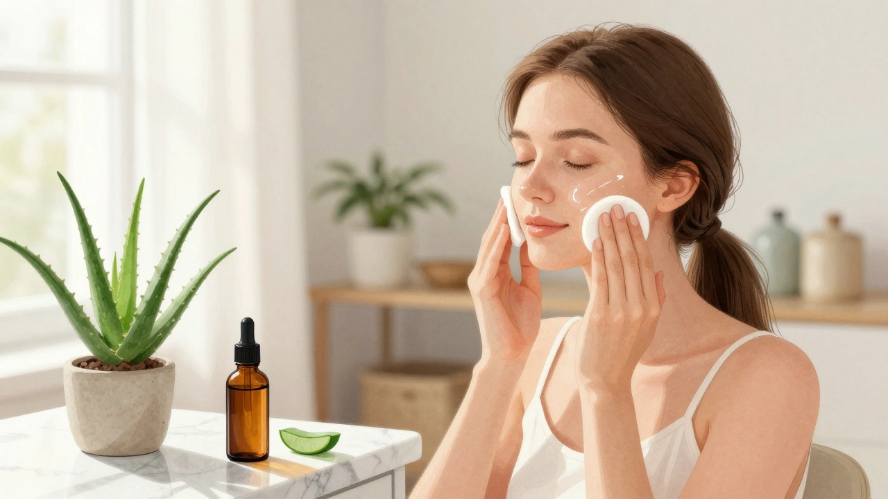 Žena aplikuje aloe vera tonik na obličej pomocí vatového kotoučku.