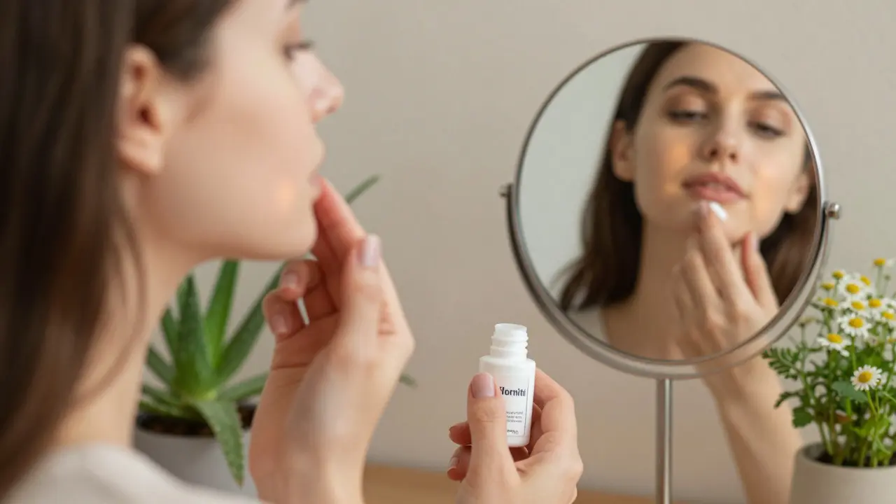 Žena aplikuje krém na bradu pro zpomalení růstu chloupků