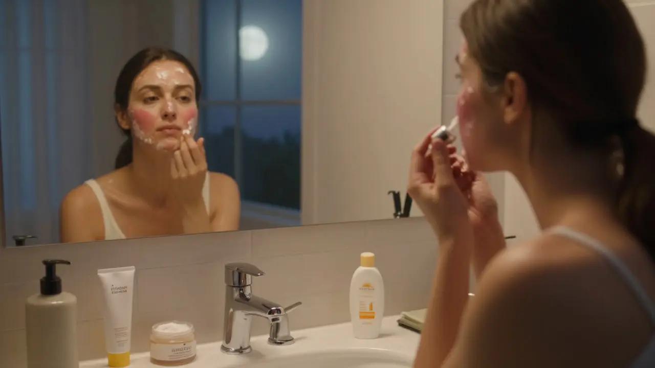 Žena aplikuje peeling večer v koupelně, vedle ní krém a sluneční filtr, klidné osvětlení.
